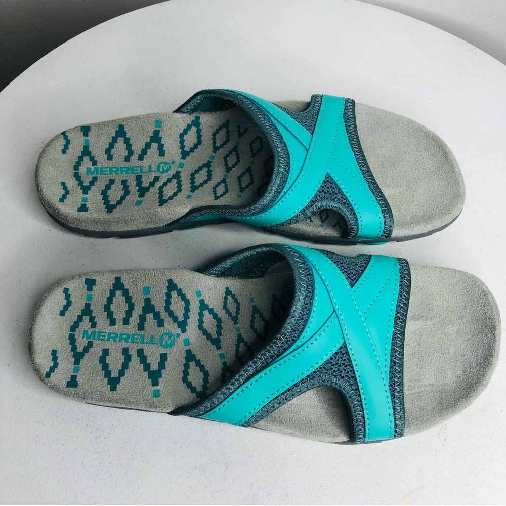 Merrell Sandspur Delta Slide Sandals Leather Sea Pine Atlantis Teal SZ 7. R2